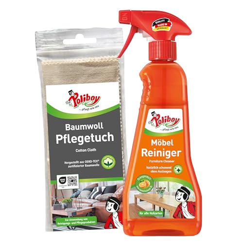 POLIBOY Möbel Reiniger - Schonender Holzreiniger für unbehandelte und versiegelte Holzmöbel - Seifenfreie Rezeptur - Mit frischem Organgenduft - 1x 375 ml - inkl. Baumwolltuch - Made in Germany