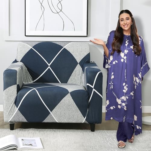 Image of HOKIPO 95% Polyester, 5% Spandex Elastic Stretchable Single Seater Sofa Cover, Blue Rhombus (AR-4093-D15)