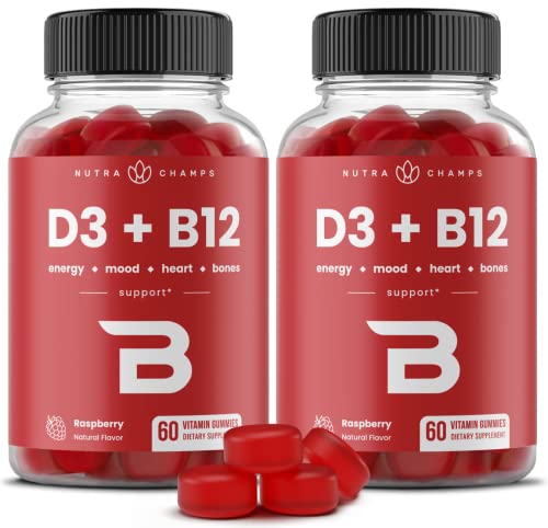 NutraChamps Vitamin D3 & B12, Methyl B12 Gummies for Adults & Kids, Enhanced with Vitamin D 3 & B9 Vitamin Folate, Natural Energy, Mood, Metabolism & Focus, Raspberry, 120 Gummies (Pack of 2)