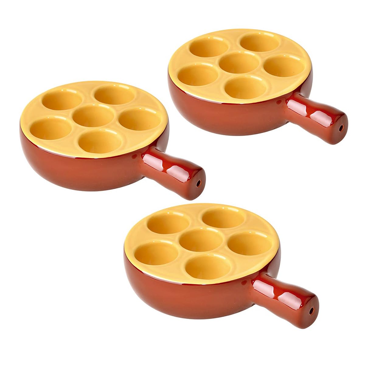 PEGANE Lot de 3 poêlons à escargots 6 Trous en Porcelaine Plat pour escargots avec poignée,Passe au Four et Lave-Vaisselle - 12 x 3,5 cm