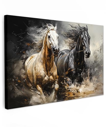 MuchoWow© Impressions sur Toile 120x80 cm Deco Tableau Murale Decoration Salon Peinture Tableaux Chambre Toiles Maison Chevaux - Noirs - Blancs - Animaux