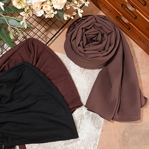 4 Pcs Women Chiffon Scarves 4 Pcs Hijab Caps Long Shawl Soft Wrap Scarves Islamic Muslim Underscarf Turban Caps Sleep Hats2