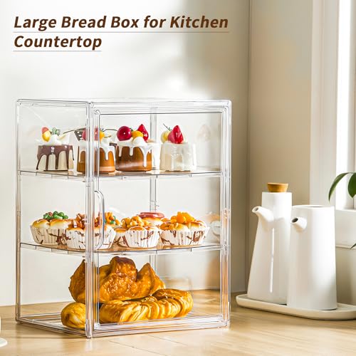 Image of Pastry Display Case, 3 Layers Clear Bread Box for Kitchen Countertop