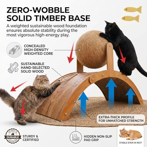 Image of Wobble Ball Cat Scratcher Interactive Sisal Rotating Toy Track Arch Bridge Stand Indoor Kittens Enrichment Exercise Durable Wood Playful Training Natural Climbing Pet for Daily Activity(Small)