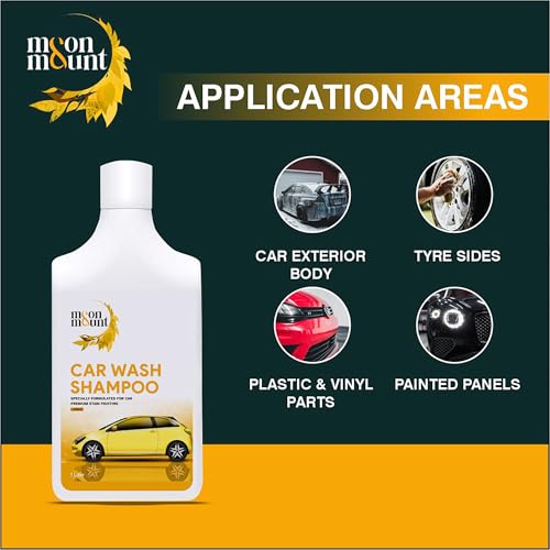 Image of Moon & Mount Car Wash Shampoo 1L | Lemon | pH 7.0 | Ceramic & PPF Safe 90%+ foam in hard water. 4-min panel cling. 160+ washes at 30ml. Foam cannon & bucket. Matte safe. Bike & SUV compatible.