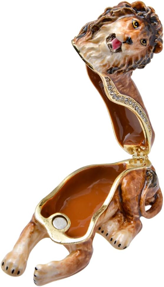 Golden Crystal Enameled Lion Jewelry Box, Hand-Painted Hinged Wild Animal Trinket Box, Elegant Home Décor & Unique Gift for Lion Lovers