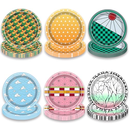 OU RUI 60Pcs Anime Demon Party Paper Plates 7 Inch Disposable Cartoon Animation Dessert Plates for Boys Girls Anime Demon Themed Birthday Party Supplies Cosplay Events Decorations