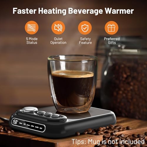Coffee Mug Warmer with 5 Temps, Coffee Cup Warmer for Desk Faster Heat-Up & 1-10H Timer, Smart Electric Beverage Warmer with Auto Shut Off & LCD Display, Ideal Gifts for Coffee,Tea,Milk,Cocoa (NO CUP)