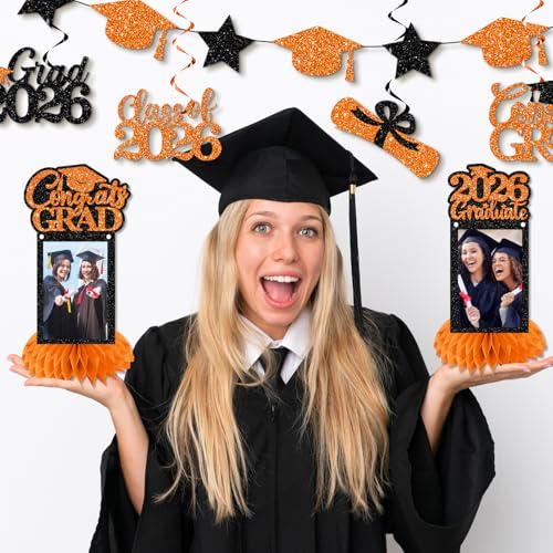 Image of Graduation Decorations 2026 - Orange Congrats Grad Party Supplies Include Glitter We are So Proud of You Banner, Hanging Swirls and Honeycomb Centerpieces for Photo Toppers