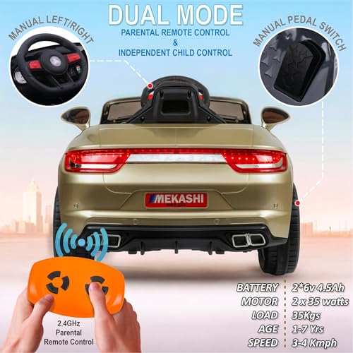 Image of MEKASHI Premium Electric Ride-On Car for Kids 1-7 Years with 12V Rechargeable Battery, Parent Remote Control, Bluetooth Music, LED Lights, 5 Speed Modes, Swing Function, Metallic Gold