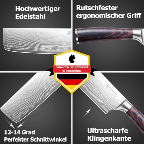 PAUDIN Japanisches Messer, Klingenlänge 17 cm Nariki Messer Hackmesser Kochmesser aus hochwertigem Edelstahl, asiatisches Mehrzweck Küchenmesser für Haus und Küche mit ergonomischem Griff