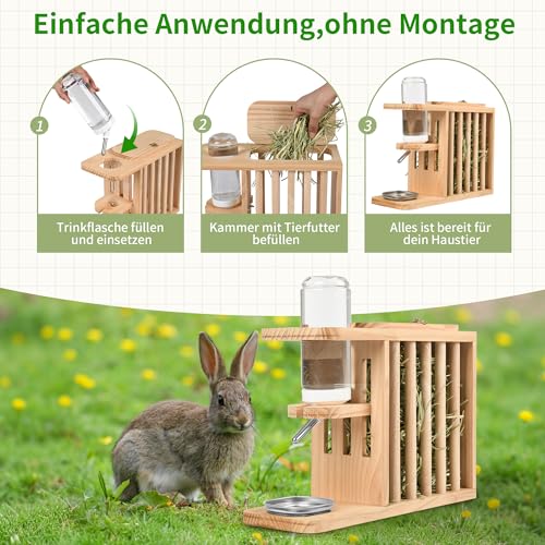 PESNLO W03 Heuraufe inkl. höhenverstellbarer Trinkflasche.2 in 1 Heuraufe Meerschweinchen mit Trinkflasche. Naturholz. Meerschweinchen Heuraufe, Kaninchen, Hasen, Hamster Trinkflasche.