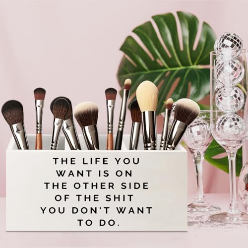 Image of Inspirational Gifts Wooden Pen Pencil Holder for Office Desk Accessories, Motivational Gifts for Women, Inspirational Quote Makeup Brush Toothbrush Holder Organizer