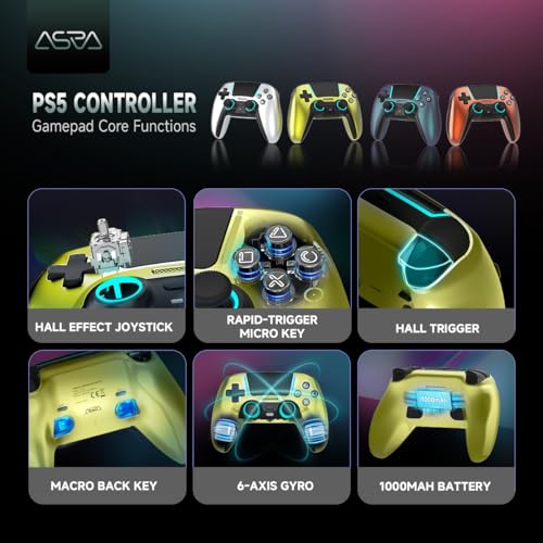 Image of ASRVA Chrome Green Wireless Pro Controller for PS5,4 Back Buttons,Hall Effect Joystick(No Drift),Micro-Switch,Gyro,Macro,1000mAh,RGB,Compatible with PS5 Pro /Slim /PC /iOS /Android