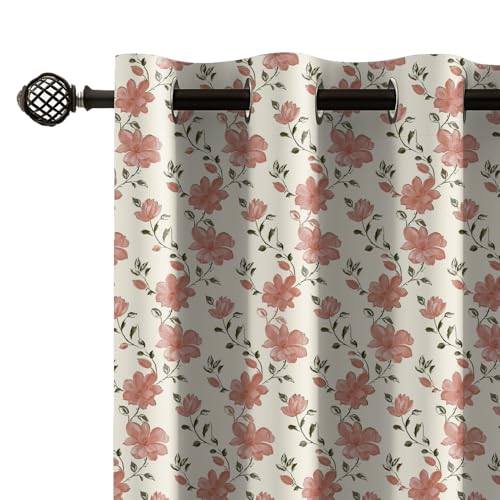 Image of LINENWALAS Printed Blackout Curtains for 5 Feet Window | Set of 2 | Floral Printed Drapes | Thermal Insulated, Room Darkening Panels with Grommet Hanging for Living Room (Peach Bloom)