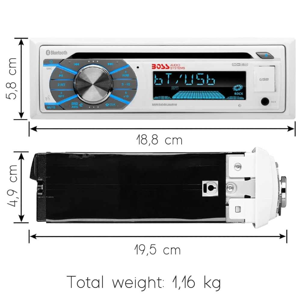 KIT SET PER BOSS AUDIO SYSTEMS MCK508WB.6, 1 kit marino con ricevitore AM/FM bluetooth waterproof, 2 altoparlanti da 16,5 cm 6,5" 90 watt rms 180 watt max e 1 dipole antenna, 1 kit