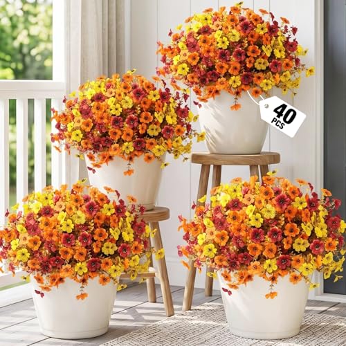 40Pcs Artificial Fall Flowers for Outdoor - Value Pack Fake Fall Flowers with Mums Faux Faux Silk Flowers Colorful UV Resistant Fake Mums Fall Flowers for Front Door Porch Patio Yard Balcony Decor