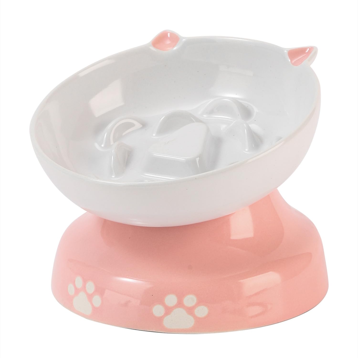 Y YHYCeramic Slow Feeder Cat Bowl, Elevated Cat Bowl Tilted Design Slow Feeder for Dog and Cat for Dry and Wet Food, Pink