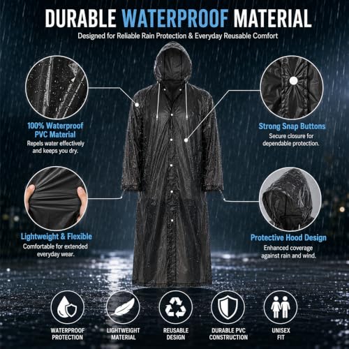 Image of OTOROYS Waterproof Long Rain Coat with Hood for Men, Women, Boys & Girls | Universal Full Length Reusable PVC Raincoat | Lightweight Portable Rain Ware for Bike Riding, Travel & Outdoor, Black
