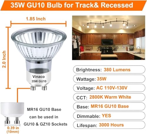 Image of Vinaco GU10 Bulb, 6 Pack Halogen 120V 35W, Dimmable, MR16 GU10 Light Bulb with Long Lasting Lifespan, gu10+c for Track&Recessed Lighting, Gu10 Base Bulb, 35W MR16 /FL /GU10, Warm White