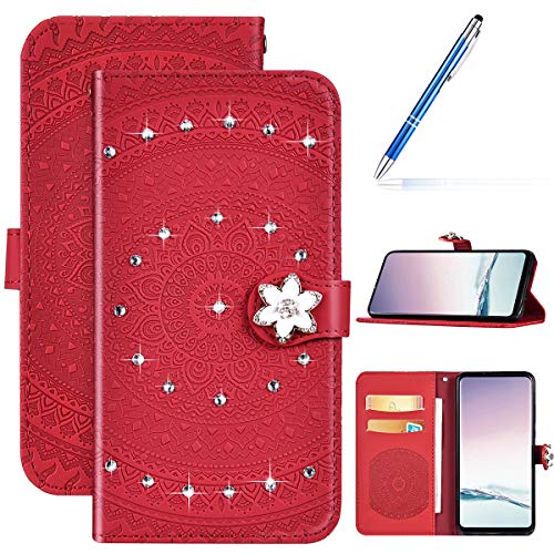 Robinsoni Case Compatible with Samsung Galaxy S9 Phone Case Wallet Samsung Galaxy S9 Leather Phone Cover Shockproof Glossy Diamond Case Flip Notebook Style Cover Heavy Duty Case Hard Case Mandala Red