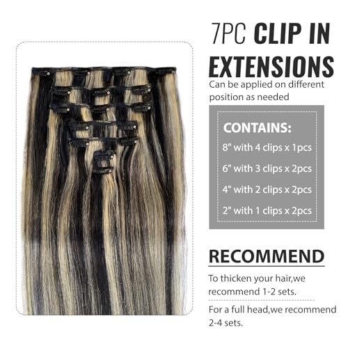 Image of Belaved Clip in Hair Extensions Full Head 14 Inch 70g Natural Black Mix Blonde Highlights Clip in Hair Extensions Real Human Hair for Women 7pcs Double Weft Straight