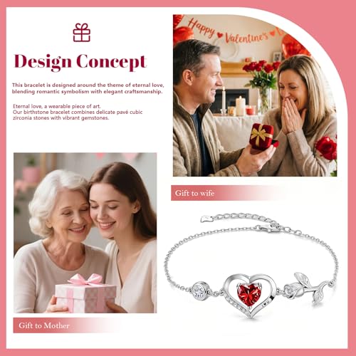 Image of 1CT Rose Heart Bracelet Moissanite Lab-Grown Sapphire Ruby Emerald&More 18K White Rose Gold Plated Anniversary Birthday Gift for Wife Girlfriend Mom Daughter Mothers Day Gift for Mom