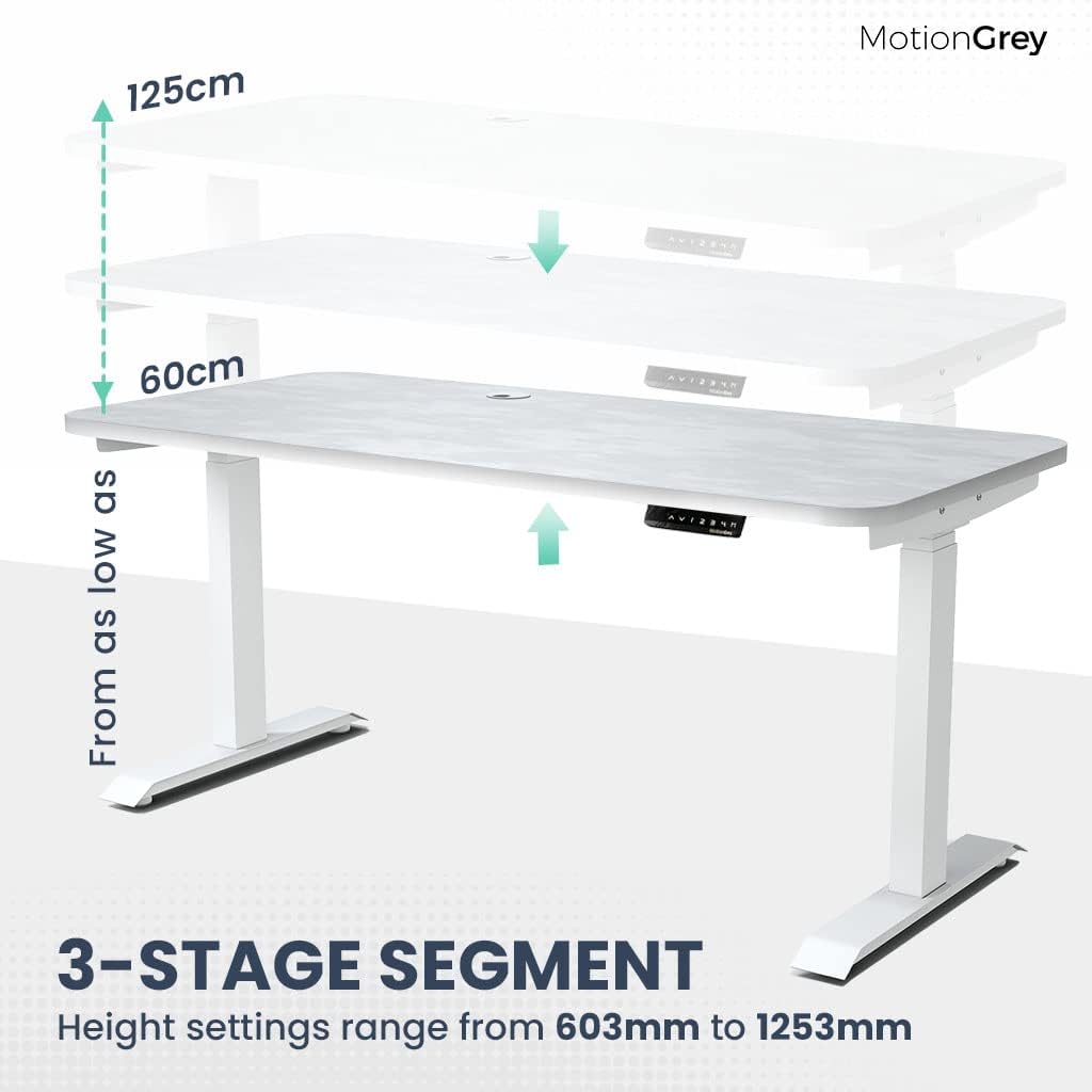 MotionGrey - German Electric Dual Motor Height Adjustable Standing Desk, Ergonomic Stand Up Desk, Adjustable Sit Stand Desk Stand - (Tabletop Included) (White Frame - White Top)