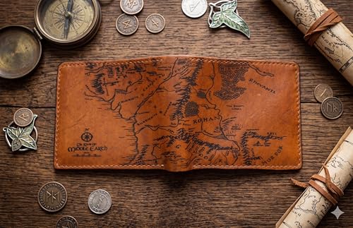 Image of Handmade Genuine Leather Wallet for Men - Laser Engraved Map - Rustic Cowhide Bifold - Unique LOTR Fantasy Gift
