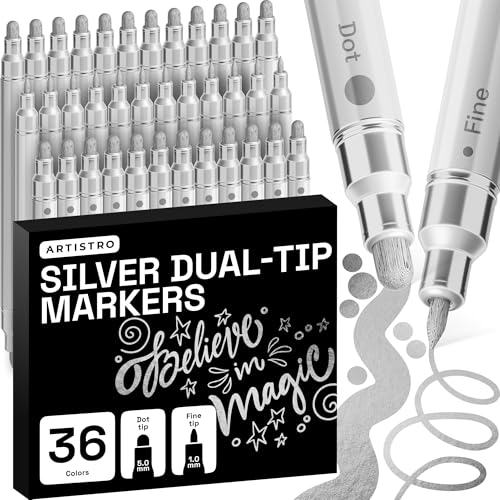 Image of ARTISTRO 36 Silver Dual-Tip Acrylic Paint Markers - Paint Pens Set with Dot & Fine Tips for Fabric, Rock, Glass, Wood, Coloring Books - Arts & Crafts Gift - Classroom Must Haves & School Supplies