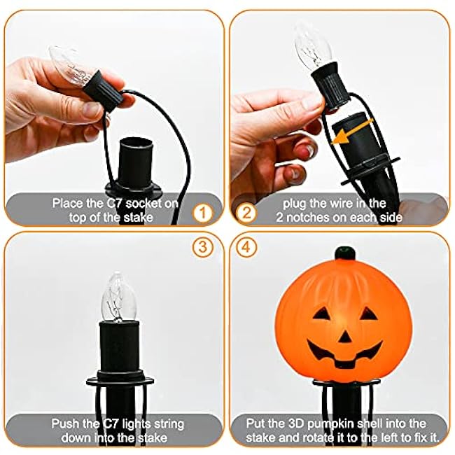 Halloween Pumpkin Pathway Markers Lights Outdoor, 7Ft Connectable C7 Halloween Decorations Pathway String Lights with 4 Pumpkin Stakes Lights for Outdoor Garden Walkway Yard Driveway Lawn Party Decor