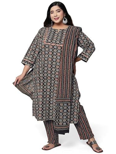 Image of MIRCHI FASHION Plus Size Pure Cotton Kurta Set for Women | 3 Piece Printed Straight Fit 4XL 5XL Kurta Pant Set with Dupatta | Ethnic Work Wear Set | 3XL 4XL 5XL Salwar Suit