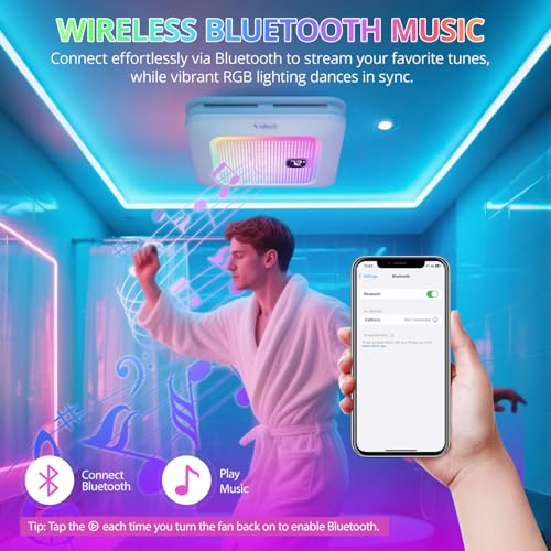 Ventilador de Extracción para Baño VallisCo con Altavoz Bluetooth, Luz RGB y Control Remoto, Ventilador Silencioso de Techo de 230 CFM, 3 Modos Dinámicos de Luz RGB, Iluminación Dimmable de 3000K–6000K, Luz Nocturna, Instalación Dual miniatura 3