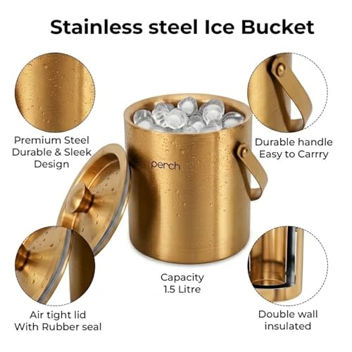Image of O' Holic by Perch Ice Bucket Trio Stainless Steel - Double Wall Ice Bucket 1.5 Litre with Lid, Ice Tongs & 30 /60 ml Jigger | Insulated Cocktail Barware for Home, Parties & Gifting|Golden