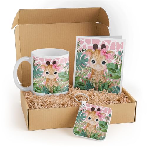 3dRose Jungle Theme Baby Giraffe Gift Set for Girls – Includes Mug, Keychain, and Card – Perfect for Baby Showers and Birthdays