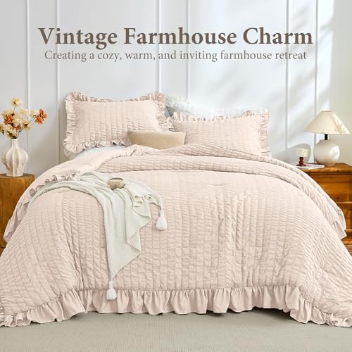 Image of JOLLYVOGUE Beige Comforter Full Size, 3 Pieces Seersucker Lightweight Full Size Bedding, All Season Fluffy Microfiber Bedding Comforter Set with 1 Ruffle Comforter and 2 Ruffle Pillowshams