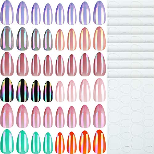 216 Pieces 9 Sets Holographic Press on Nails Coffin Mirror Reflection False Nails Medium Length Full Cover False Nails Multi-color Ballerina Nail with 9 Sheets Adhesive Nail Stickers for DIY Nail Art