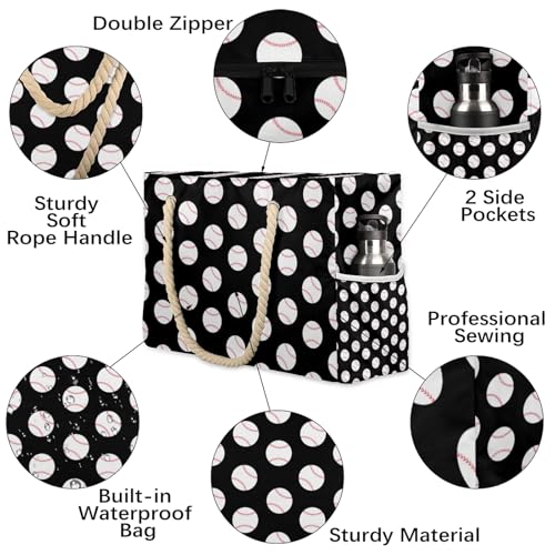 Baseball Black Tote Beach Bag for Women with Zipper Large Waterproof Sandproof Swim Pool Bag3