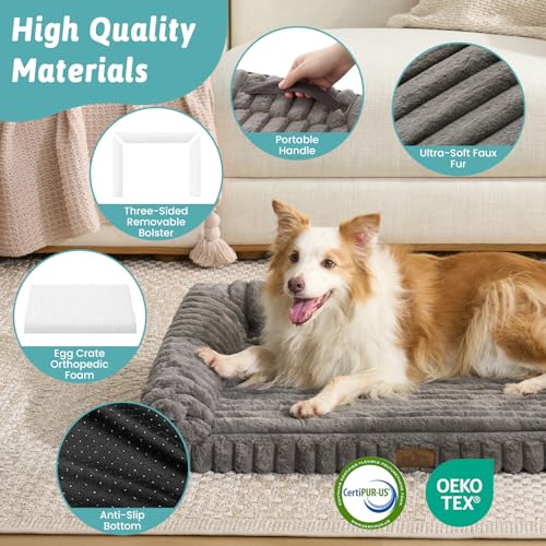 COZY KISS Orthopaedic Dog Bed for Extra Large Dogs 120x88x17cm – Washable Dog Sofa with Egg-Crate Foam, Ergonomic Pet Couch, Removable Waterproof Corduroy & Soft Faux Fur Cover, Grey - Image 6