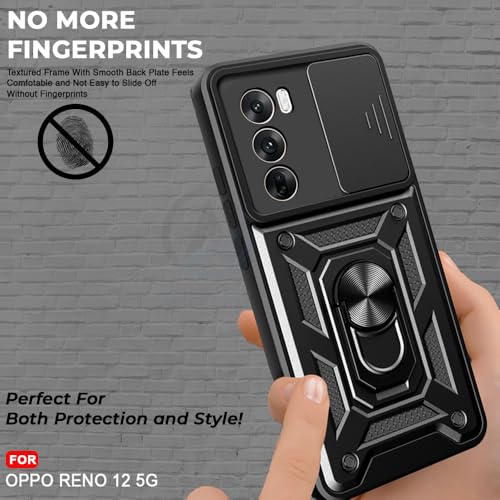 Image of AESTMO Tough Armor Oppo Reno 12 5G Bumper Back Case Cover | Ring Holder & Sliding Camera Shield Cover | 360 Degree Protection Back Case Cover for Oppo Reno 12 5G (Black)