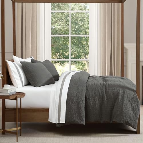 Image of HiEnd Accents Porto Matelasse 3 Piece Comforter Set with Pillow Shams, Queen Size, Cotton Charcoal Gray Textured Modern Boho Chic Casual Luxury Bedding, 1 Comforter, 2 Pillowcases