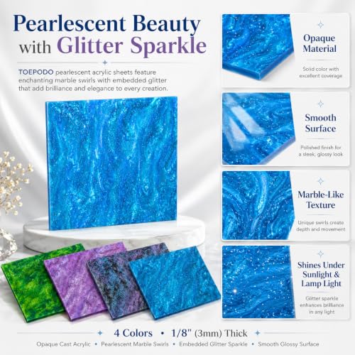 Image of TOEPODO Pearlescent Cast Acrylic Sheets Pearl Acrylic 1 /8inch Thickness Acrylic Sheets for Laser Cutting Art Design DIY Crafts /Home Deco (4, Sets, 8x12 Inch)