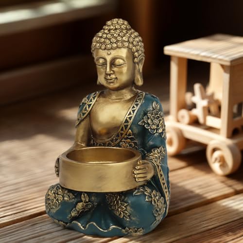 Hand-Painted Golden Resin Buddha Statue Candle Holder, Buddha Ornaments for Home & Garden Decor, Indoor & Outdoor (Gold, Small-2)