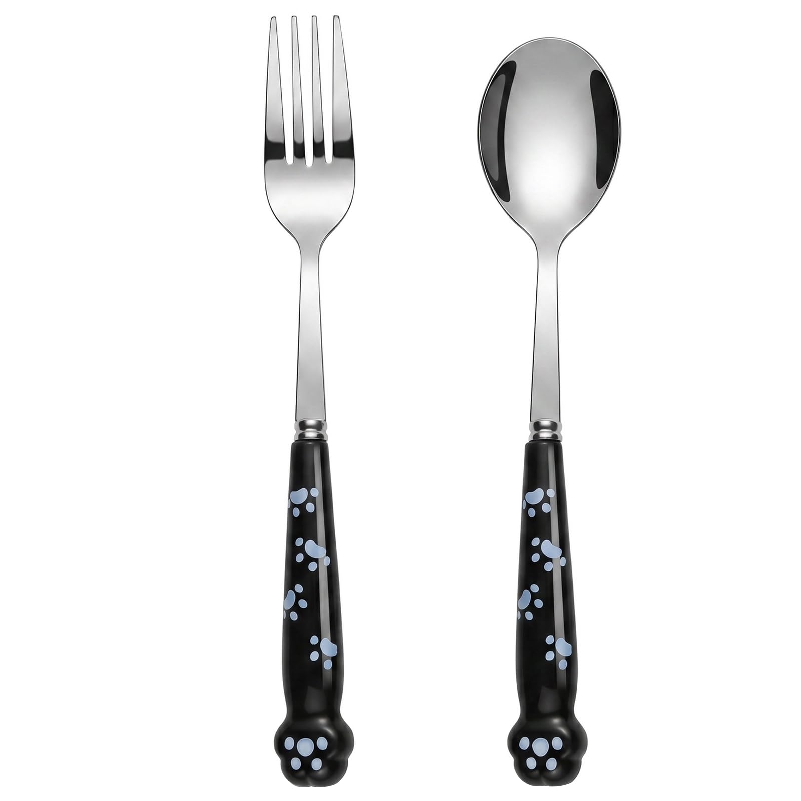 Solvio Pet Food Scoop and Fork Set, 7.68in Long Handle Dog Food Spoon, Stainless Steel Cat Feeding Scoop for Wet Food Cans, Durable Pet Food Measuring Spoon with Cute Paw Design, 2 Pcs