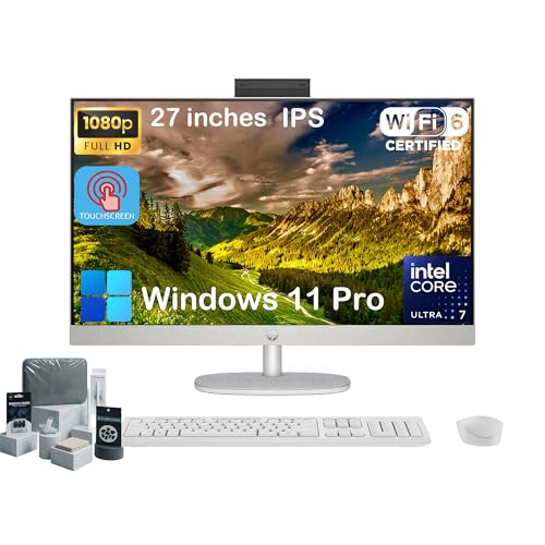 Image of HP 27 Touch Screen All-in-One Desktop Computer PC Adjustable Angle, 64GB DDR5 RAM, 4TB SSD, Intel 12 Core Ultra 7 155U, FHD IPS Touchscreen, Wireless KB&Mouse, Win 11 Pro, 1080p Camera, Accessories