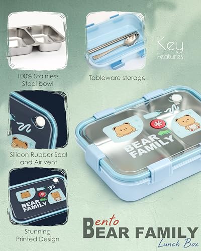 Image of Brand Conquer Lunch Box Leak-Proof BPA Free Stainless Steel for School, Lunch Box for School & Office with a Fork, a Spoon and a Pair of Chopsticks (Blue, Bear Family 2 Compartment)