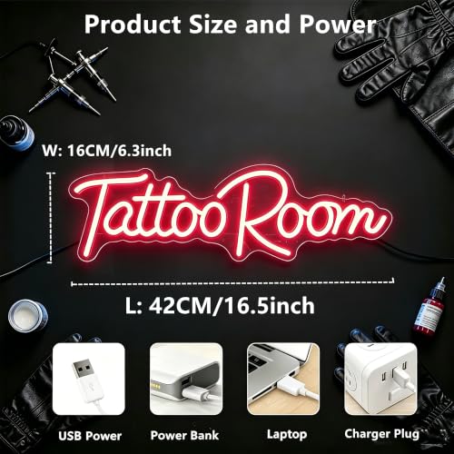 Image of Tattoo Salon LED Neon Sign | 16.5x5.8 Inch Dimmable Wall Decor Light USB Powered Shop Window Light Up Sign, Gifts for Tattoo Artists