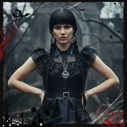 Image of S-noilite Wednesday Addams Braided Black Wig Set, Long Braids Wigs with Bangs for Women Gothic Costume Cosplay Party Halloween w. Earrings and Necklace+Wig Cap