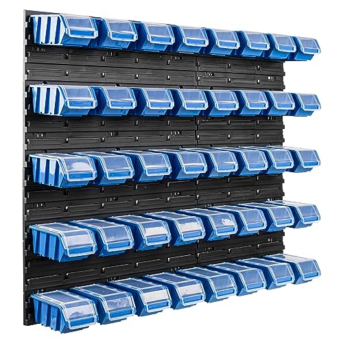 Lot de 40 boîtes de rangement empilables en plastique bleu avec couvercle et panneau murale 96,5 x 78 cm, bacs a bec a accrocher pour clous vis, garage, atelier