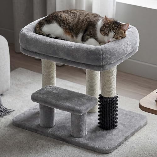 Image of Heybly Cat Scratching Post with Grooming Brush & Gentle Step, HSP001SW | Small Cat Tree with 4 Full Sisal Posts, Removable Plush Bed, Stable & Space-Saving Cat Furniture for Indoor Cats, Light Gray